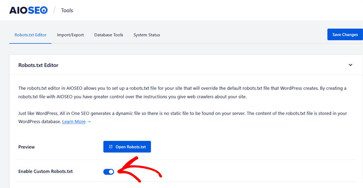 How to edit a robots.txt file in WordPress using AIOSEO - enable custom robots.txt