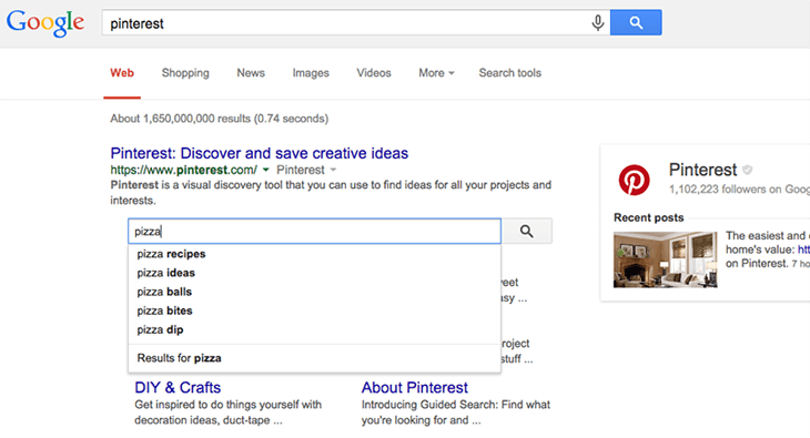 Example of sitelinks search box for Pinterest