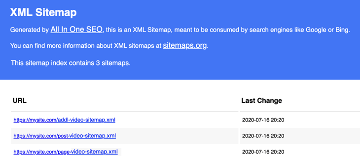 Video XML sitemap index in All in One SEO