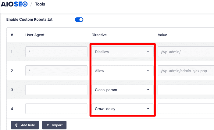 Adding robots.txt rules in All in One SEO