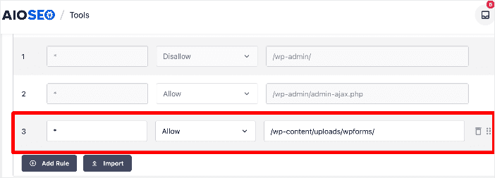 Editing a robots.txt file rule in All in One SEO