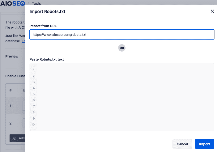 You can import a robots.txt file from a URL or copying and pasting the file into your editor.