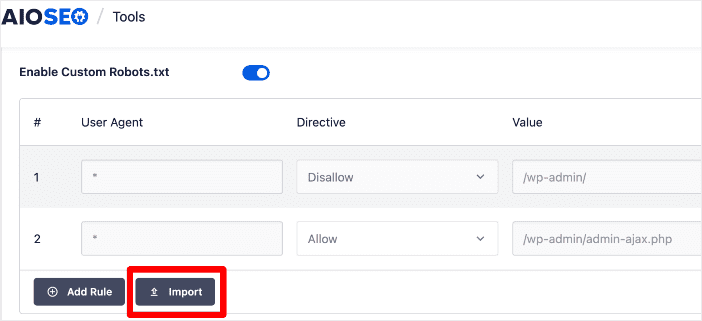 Using the Import option to add a custom robots.txt file to your site.