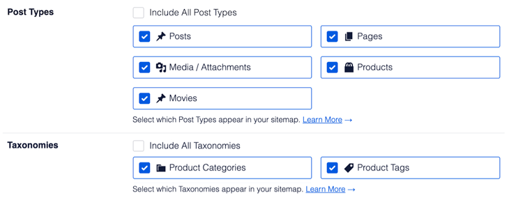 Post types and taxonomies for video sitemap in All in One SEO