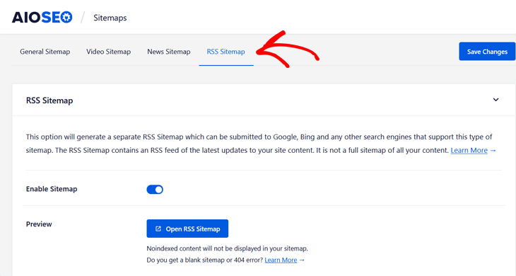 RSS sitemap in All in One SEO