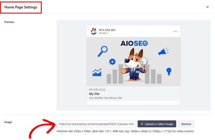 Setting Facebook thumbnail on your Home Page in AIOSEO