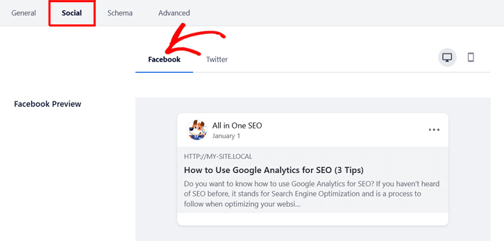 Установите миниатюру Facebook во всех в одном SEO (AIOSEO)