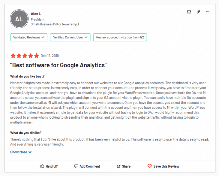 User generated content example of a MonsterInsights review