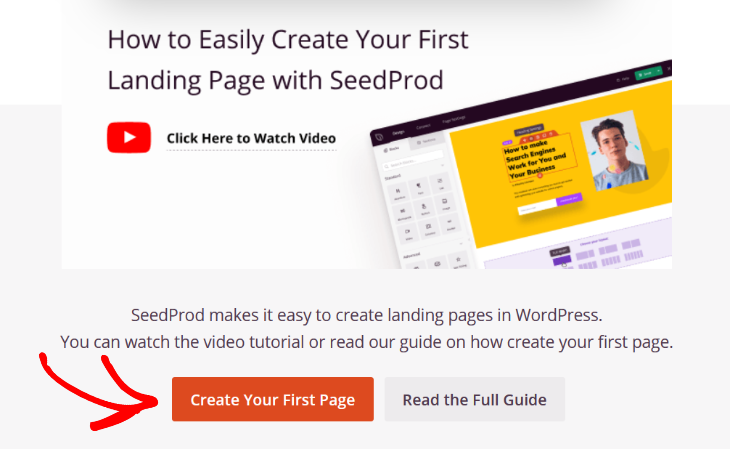 click the create your first page button to create a landing page