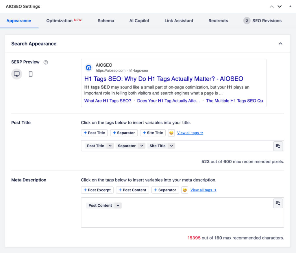 AIOSEO Settings panel showing Search Appearance with SERP Preview, Post Title and Meta Description sections AIOSEO Settings panel showing Search Appearance with SERP Preview, Post Title and Meta Description sections