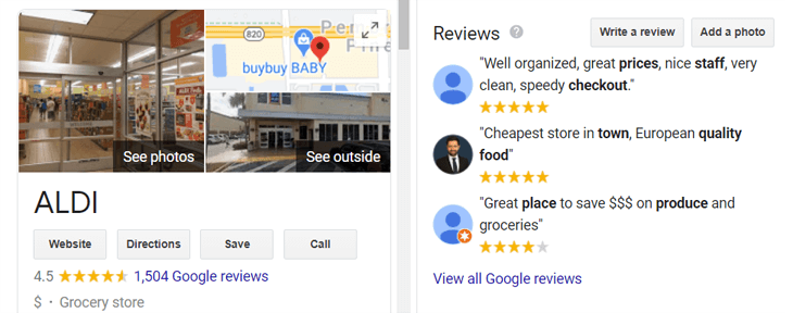 Google’s Knowledge Graph card with reviews for Aldi
