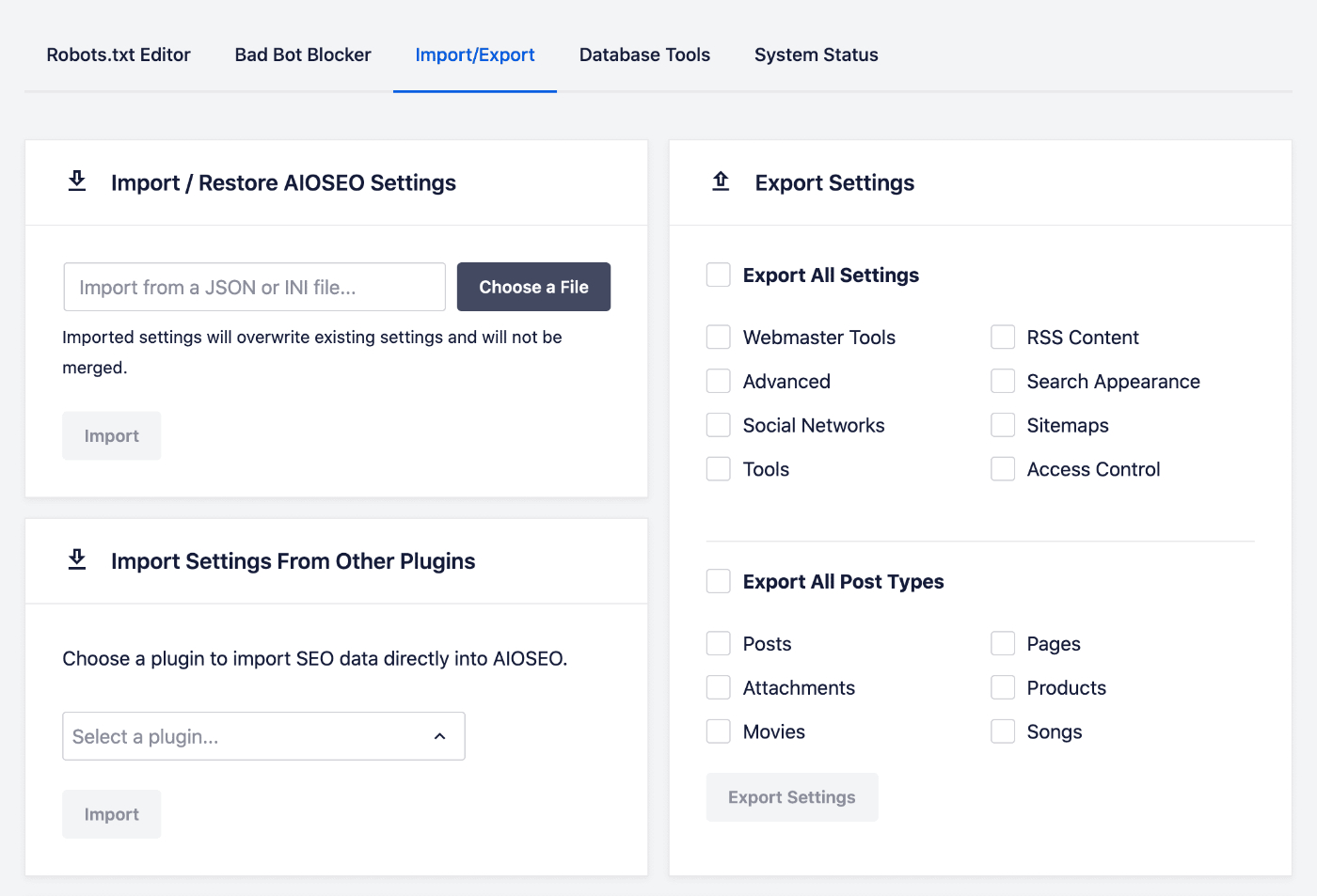 Import/Export Settings in All in One SEO