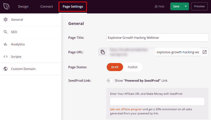 page settings for landing page