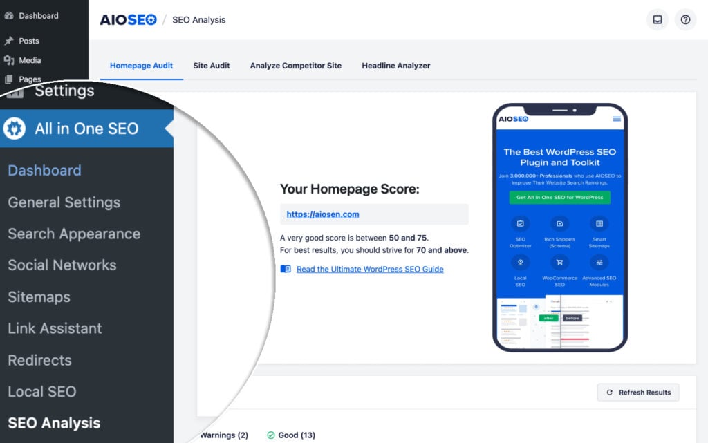 Homepage Audit Homepage Audit tab