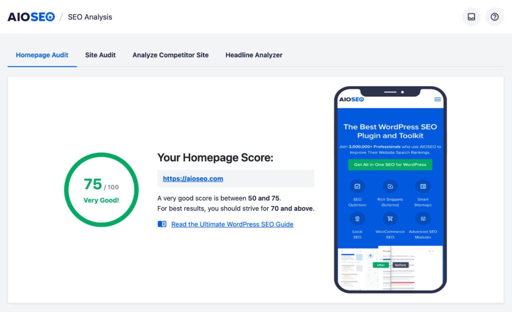 Homepage Audit Homepage Auidit tab in AIOSEO's SEO Analysis
