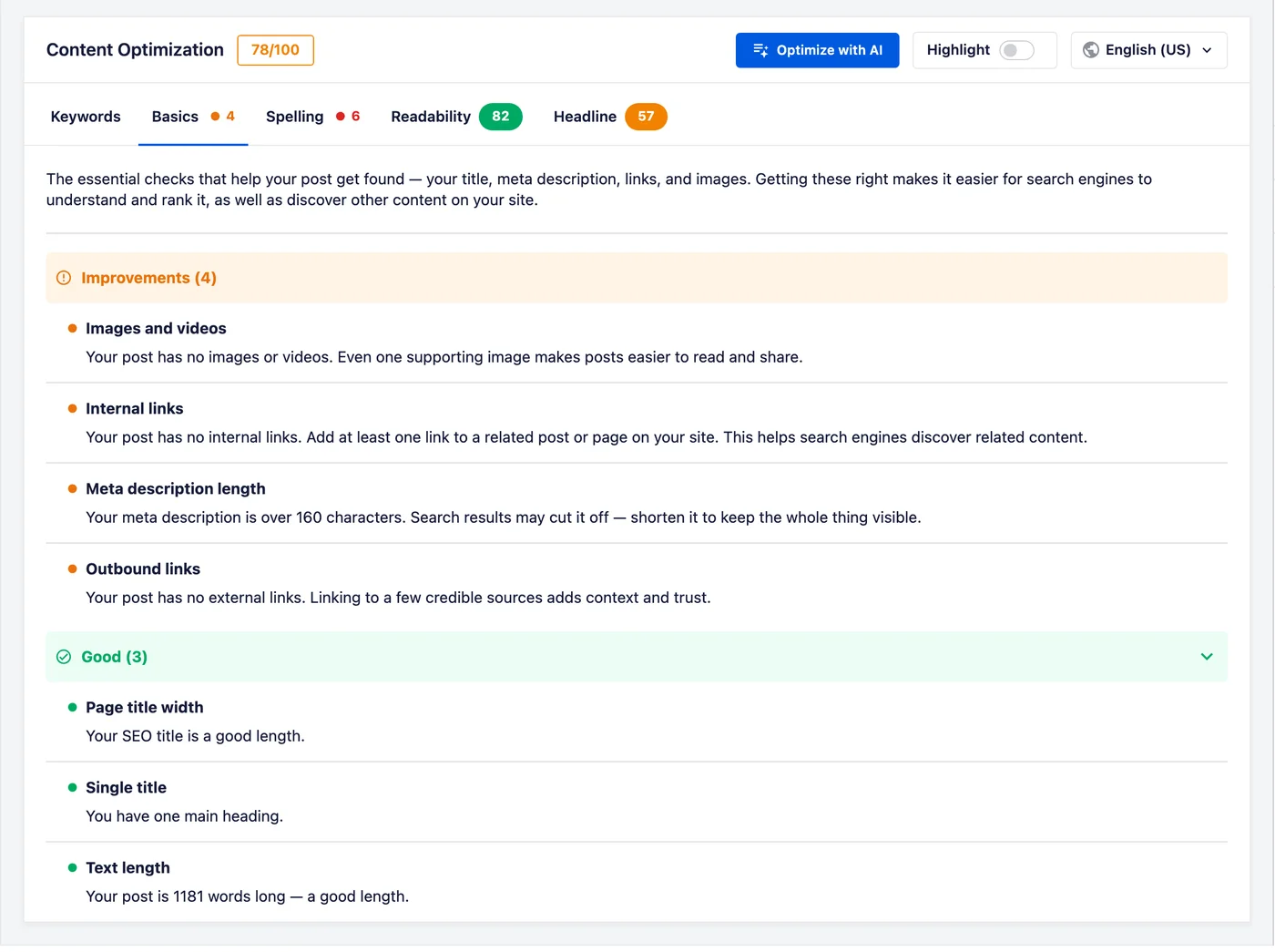 El panel de Optimización de Contenido con sus cinco pestañas de área en la parte superior y la pestaña Básico seleccionada, que muestra cuatro comprobaciones en Mejoras y tres en Bueno