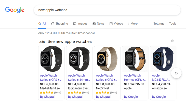 Example of product rich snippets on Google for Apple watches