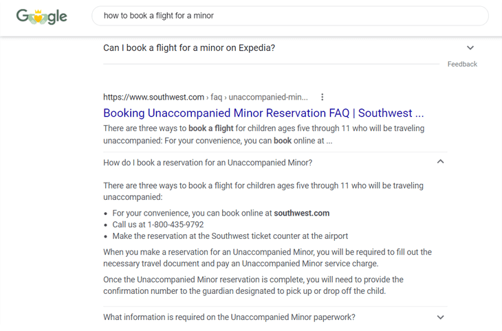 Example of an expanded FAQ rich snippet on Google