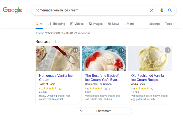 Example of recipe rich snippets on Google