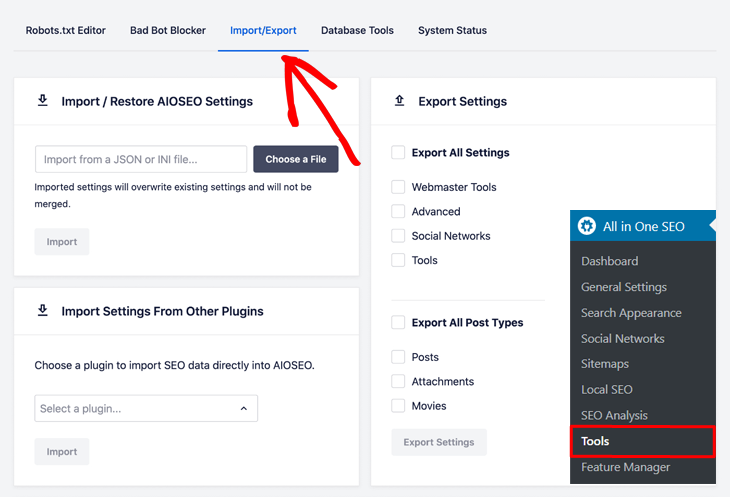 Importing SEO settings using the import/export settings in AIOSEO