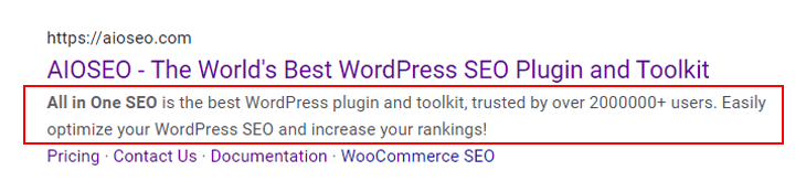 Example of meta description for All in One SEO