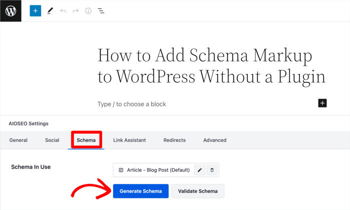 You can add any schema type by going down to the "AIOSEO settings" and clicking on "Schema".