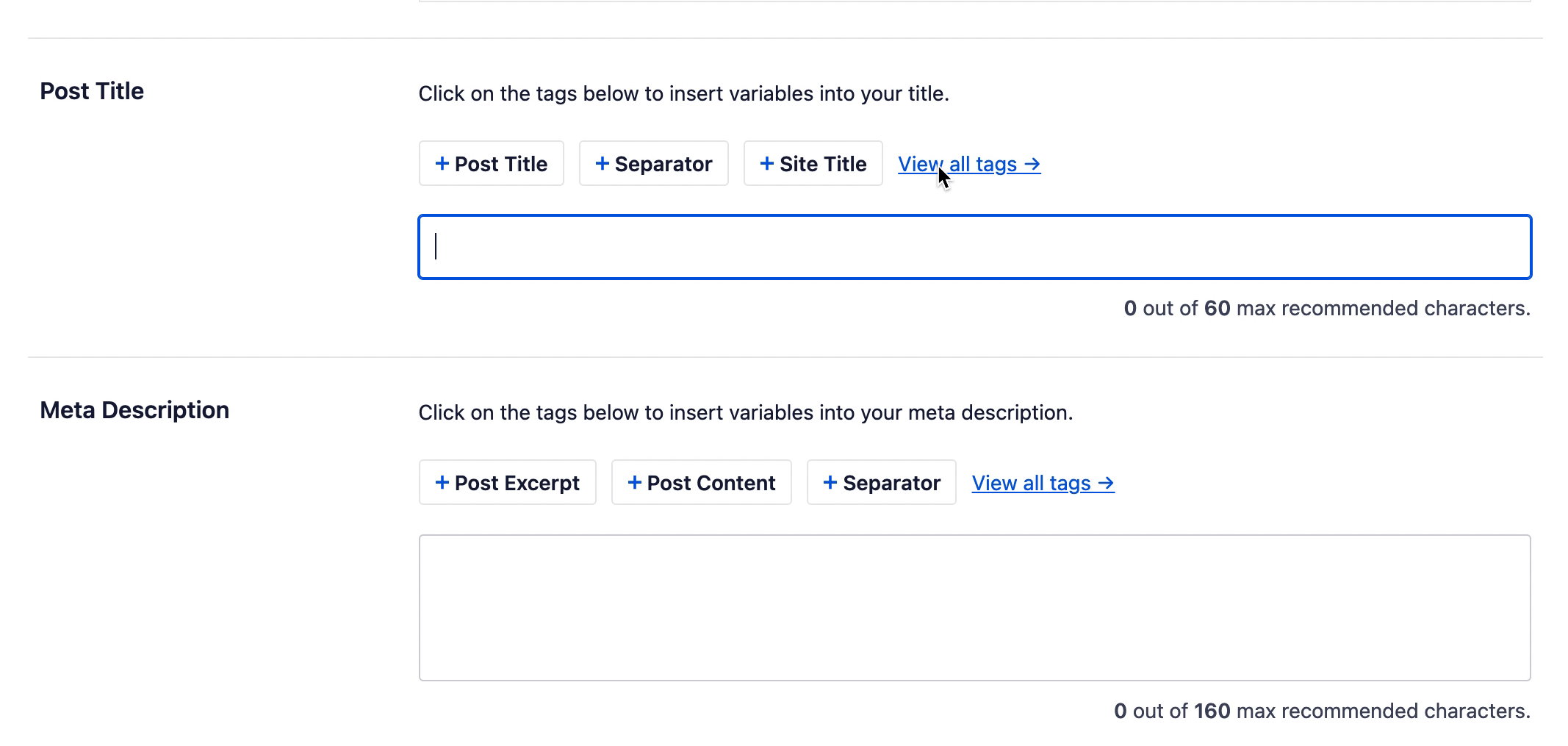 Screenshot eines Beitrags-SEO-Editors mit den Abschnitten "Beitragstitel" und "Meta-Beschreibung", Tag-Schaltflächen und einem großen Texteingabebereich. Screenshot eines Beitrags-SEO-Editors mit den Abschnitten "Beitragstitel" und "Meta-Beschreibung", Tag-Schaltflächen und einem großen Texteingabebereich.