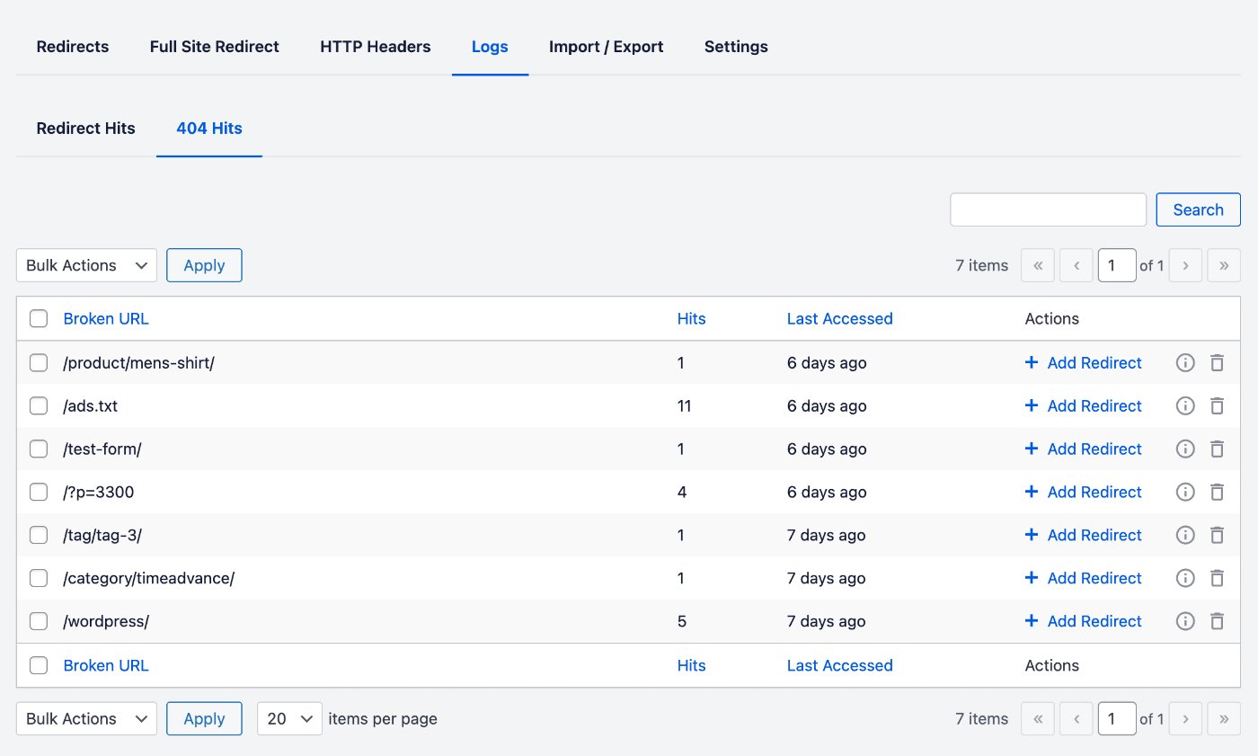 404 Logs screen in Redirection Manager