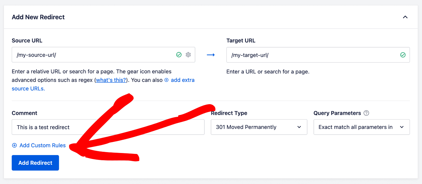 Link Adicionar URLs de origem extras no formulário Adicionar novo redirecionamento