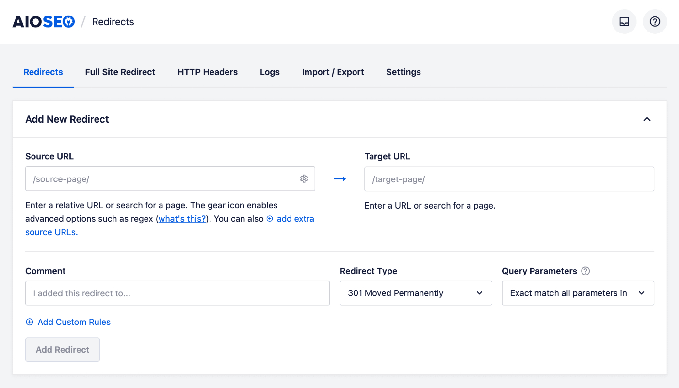 Formulário Adicionar Novo Redirecionamento na tela Redirecionamentos no All in One SEO