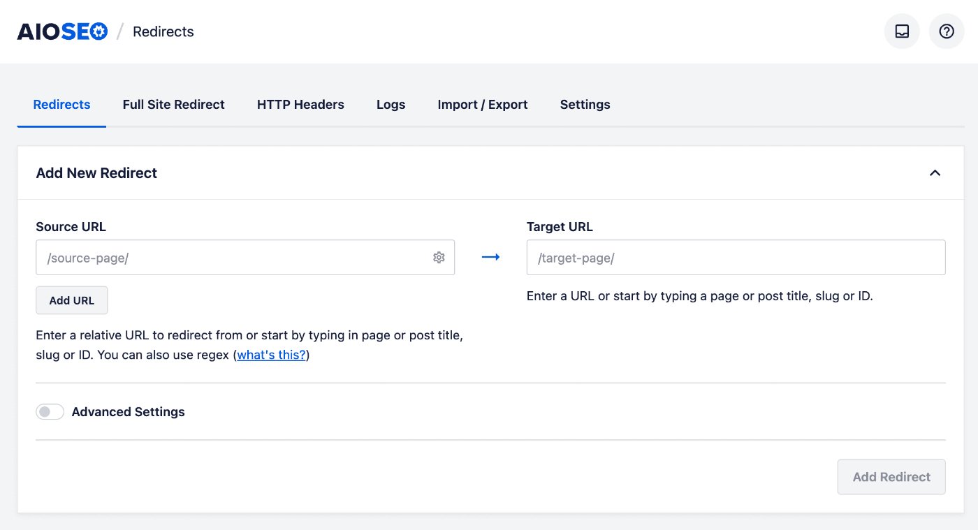 Add New Redirect form in All in One SEO Add New Redirect form on the Redirects screen in All in One SEO