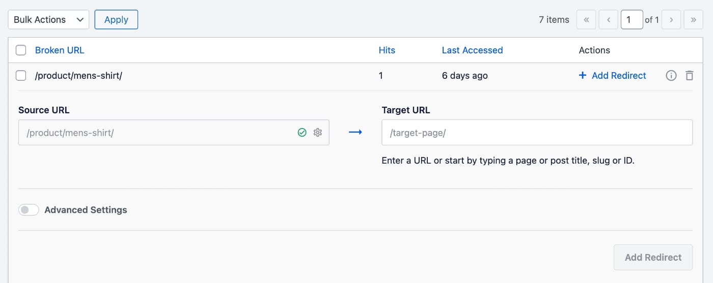 Add Redirect form on the 404 Logs screen