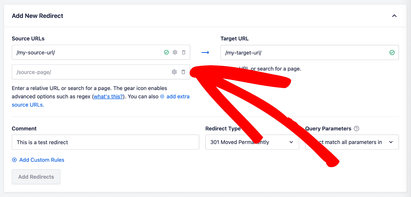 Campo URL de origem adicional exibido no formulário Adicionar novo redirecionamento