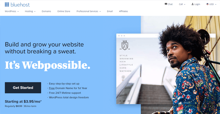 Bluehost best WordPress hosting service homepage