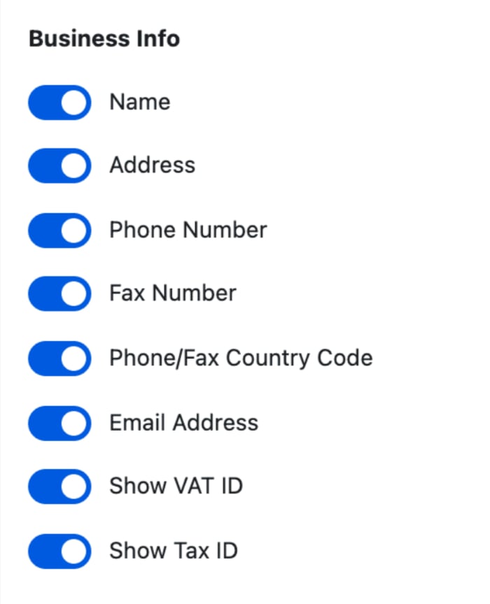 Business Info toggles in the Business Info block settings