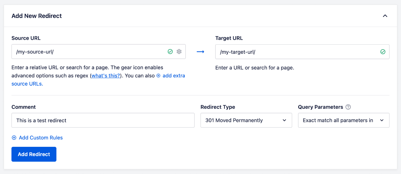 Formulário Adicionar Novo Redirecionamento preenchido com URLs de origem e destino