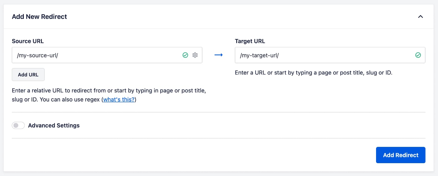 Add New Redirect form completed with source and target URLs