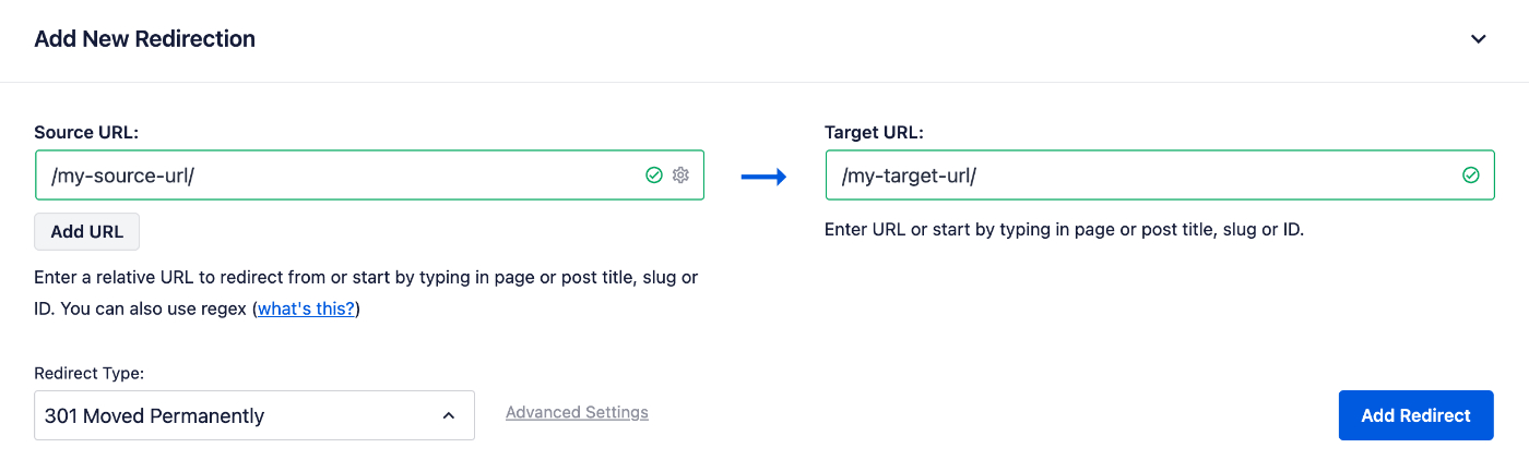 Add New Redirection form completed with source and target URLs
