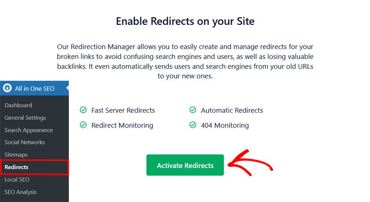 Enable redirects on your site in All in One SEO