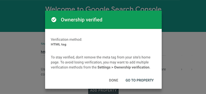 Google Search Console website ownership verified
