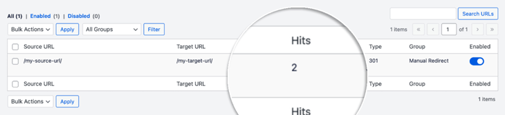 Redirect hits column in All in One SEO