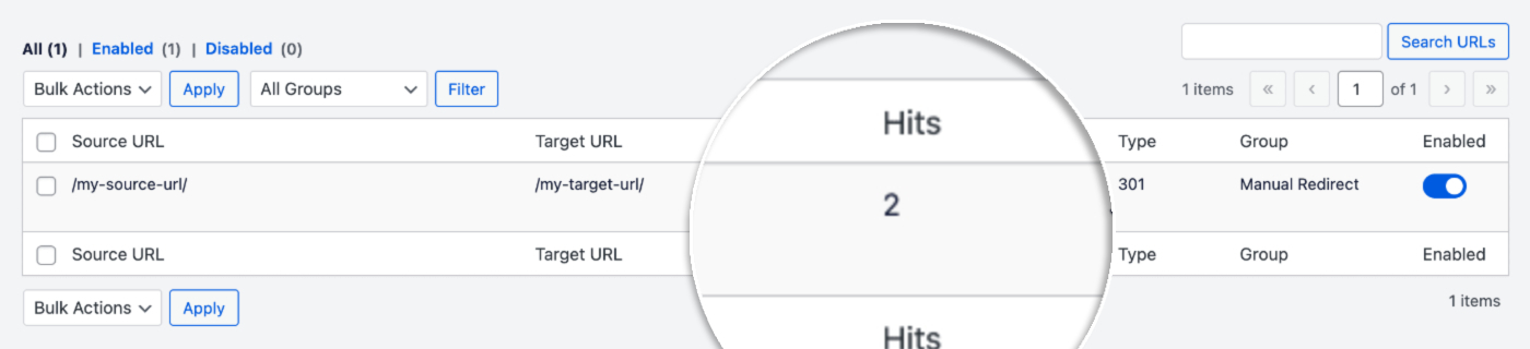 Redirects table in All in One SEO showing the Hits column