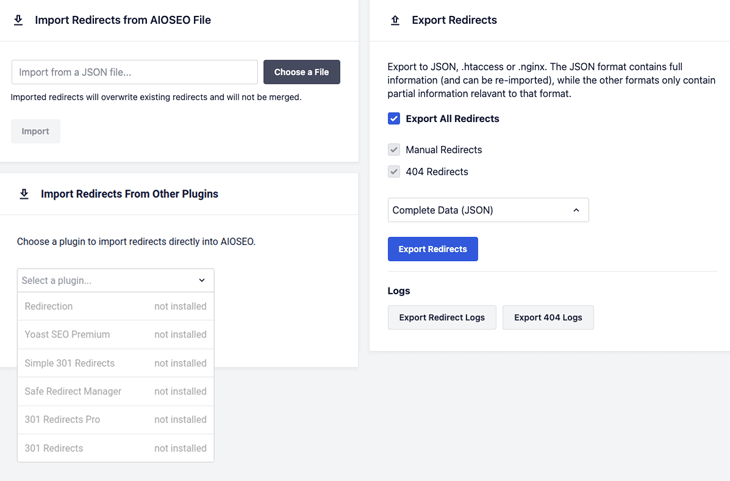 Importing/exporting redirects in All in One SEO