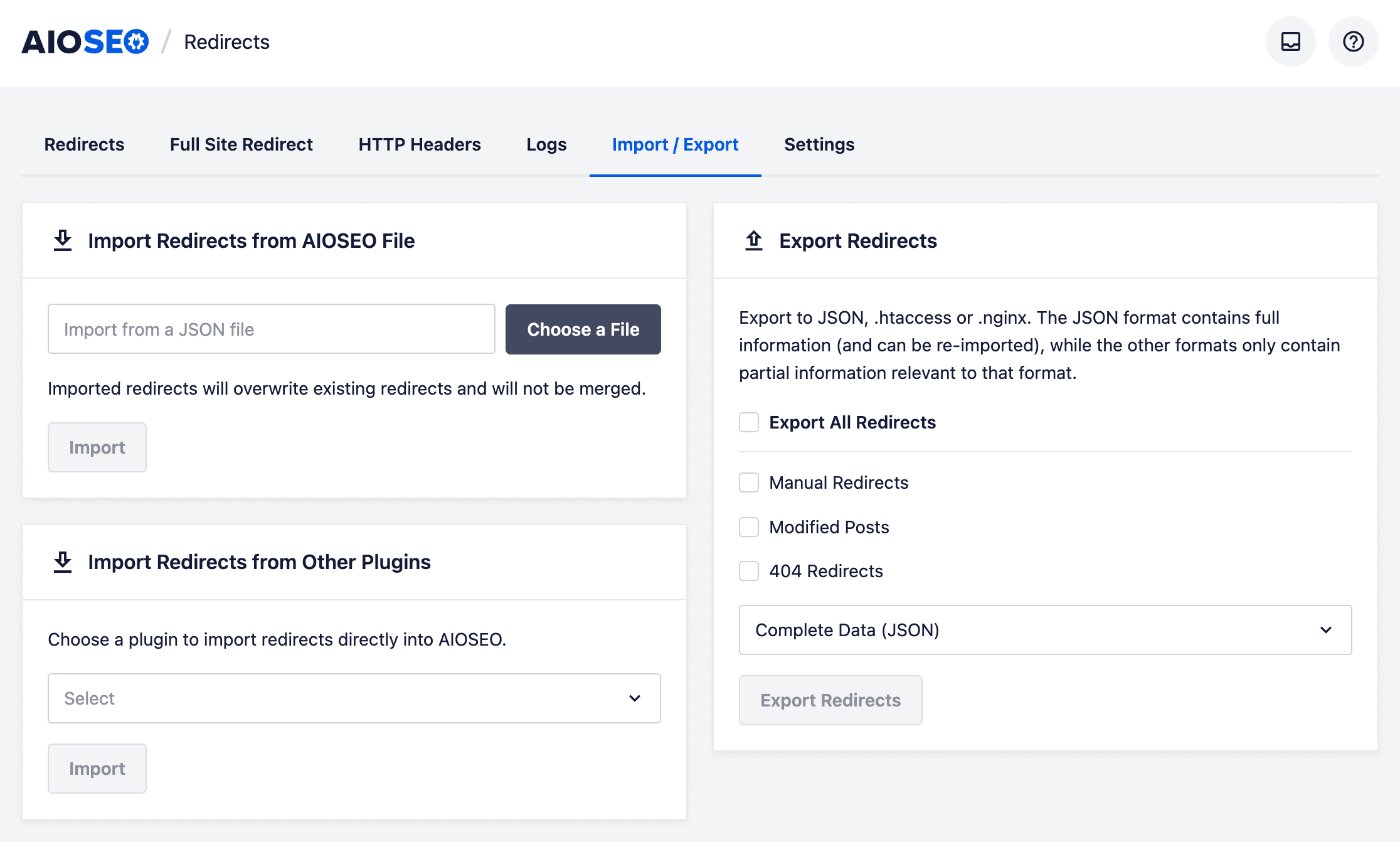 Import / Export screen in Redirection Manager