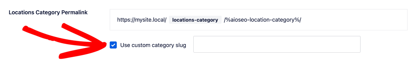 Locations Category Permalink setting showing the Use custom category slug check box and field for custom slug