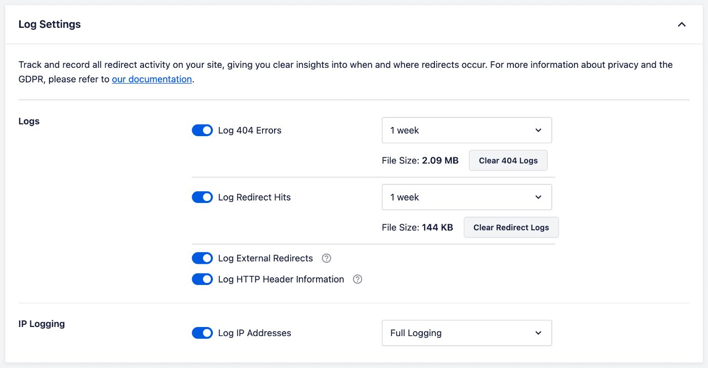 Log Settings section in the Settings for Redirection Manager