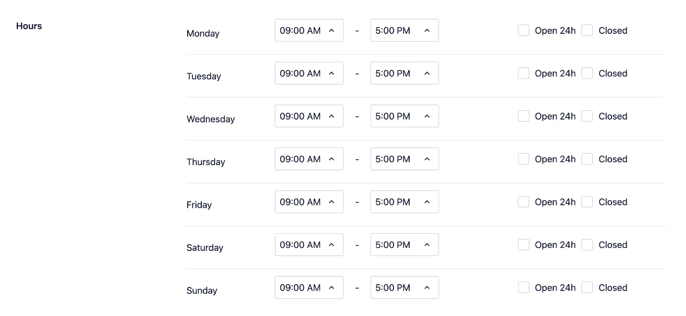 Opening and closing hours settings for each day of the week