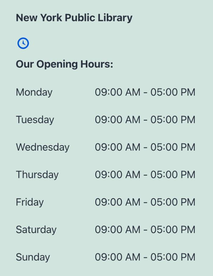 Opening Hours widget displayed on the front end of a site