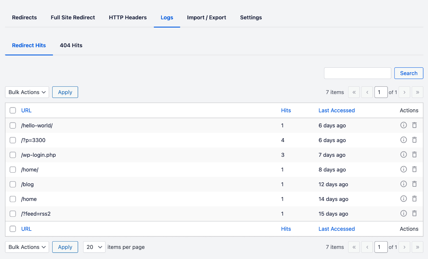 Redirect Hits Logs screen in Redirection Manager