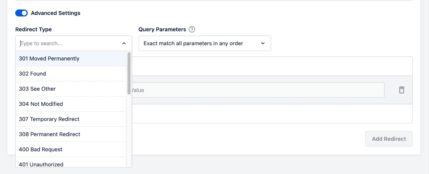 Redirect Type drop down in the Advanced Settings of the Add New Redirect form